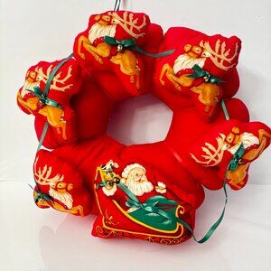 Christmas Handmade Print fabric Indoor Wreath Santa & his Reindeer Holiday Decor